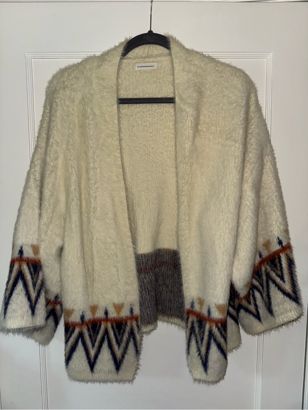 Anthropologie Cream Open-Front Cardigan with Navy and Rust Aztec Trim